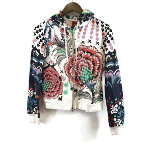 Oilily Womens Zip Hoodie Size L Artsy Tattoo Print Y2K Multicolor Floral Rooster